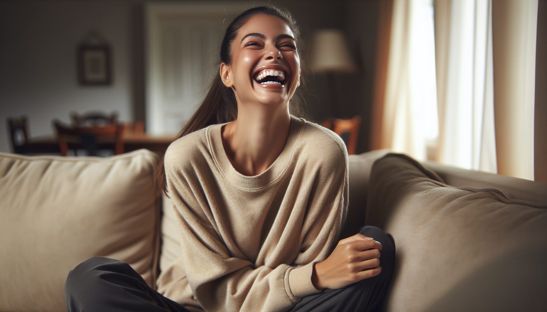 woman sitting on couch laughing. 